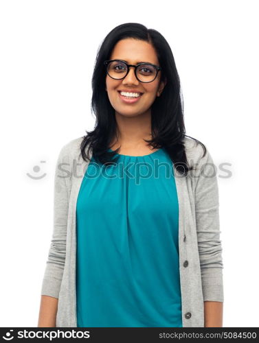 fashion, portrait and people concept - happy smiling young indian woman in glasses. happy smiling young indian woman in glasses. happy smiling young indian woman in glasses