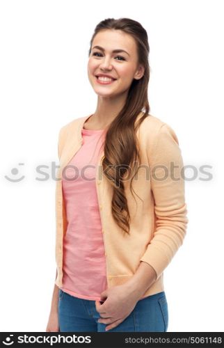 fashion, portrait and people concept - happy smiling young woman in cardigan. happy smiling young woman in cardigan