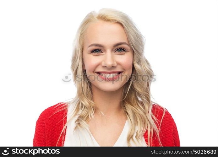 fashion, portrait and people concept - happy smiling young woman in red cardigan. happy smiling young woman in red cardigan