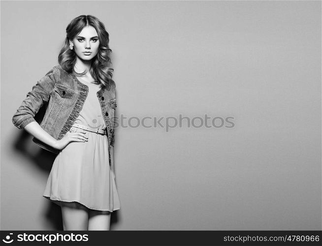 Fashion portrait of beautiful young woman in a summer dress. Beauty spring photo. Black and White