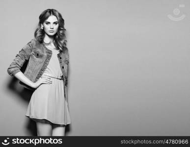 Fashion portrait of beautiful young woman in a summer dress. Beauty spring photo. Black and White