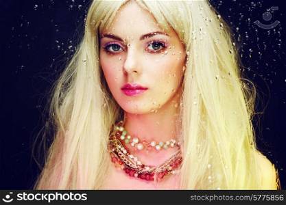Fashion portrait of elegant woman with magnificent hair. Blonde girl. Jewelry. Perfect make-up