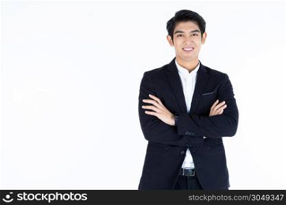 fashion Portrait of handsome young Asian man with arms folded isolated on white grey blank copy space studio background,Business success concept