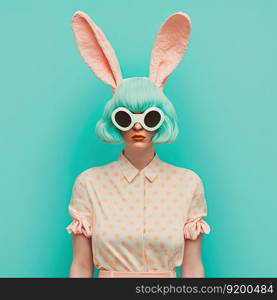 Fashion portrait. Young woman wearing bunny ears and sunglasses. Pastel colors. Generative AI. Young woman portrait in bunny ears and sunglasses. Pastel colors. Generative AI