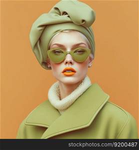 Fashion portrait. Young woman wearing green high fashion clothing and head wrap. Pastel colors. Generative AI. Young woman portrait in green high fashion clothing and head wrap. Generative AI