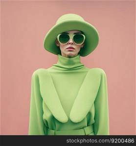 Fashion portrait. Young woman wearing green high fashion clothing. Pastel colors. Generative AI. Young woman portrait in green high fashion clothing. Pastel colors. Generative AI