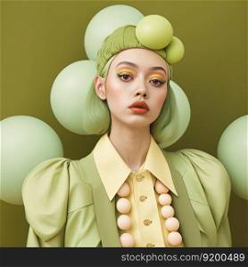 Fashion portrait. Young woman wearing green high fashion clothing. Pastel colors. Generative AI. Young woman portrait in green high fashion clothing. Pastel colors. Generative AI