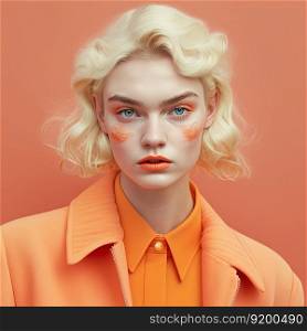 Fashion portrait. Young woman wearing orange high fashion clothing. Pastel colors. Generative AI. Young woman portrait in orange high fashion clothing. Pastel colors. Generative AI