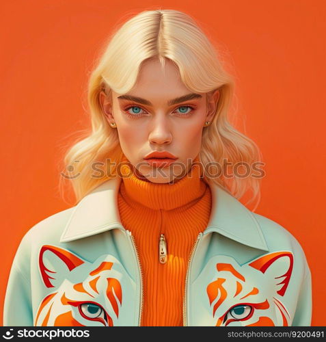 Fashion portrait. Young woman wearing orange high fashion clothing. Pastel colors. Generative AI. Young woman portrait in orange high fashion clothing. Pastel colors. Generative AI