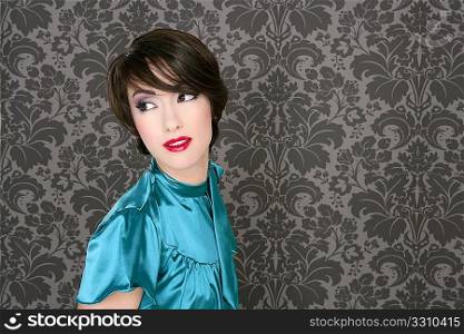 fashion retro red lips woman on gray wallpaper background