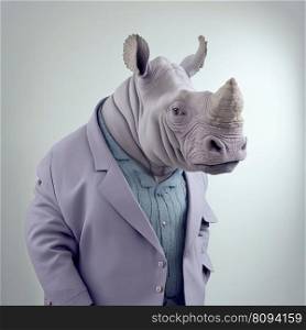 Fashion rhino in shirt. Light blue monochrome portrait. Pop art modern style and lifestyle concept. Contemporary art, creative idea. Generative AI. Fashion rhino in shirt. Light blue monochrome portrait. Generative AI