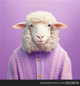 Fashion sheep in cardigan. Lavender pink background. Pop art modern style and lifestyle concept. Contemporary art, creative idea. Generative AI. Fashion sheep in cardigan portrait. Generative AI