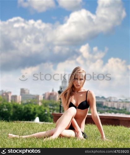 Fashion shot of a beautiful, sexy, blonde woman in bikini