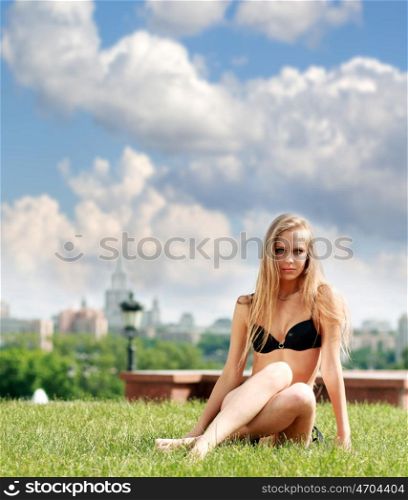 Fashion shot of a beautiful, sexy, blonde woman in bikini