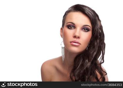 fashion shot of a cute young brunette with long hair and naked shoulder isolated on white background