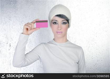 fashion silver winter woman holding business pink card