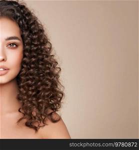 Fashion studio portrait of beautiful woman with afro curls hairstyle. Facial treatment. Cosmetology, beauty and spa
