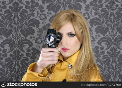 fashion Super 8mm camera reporter woman vintage wallpaper yellow coat