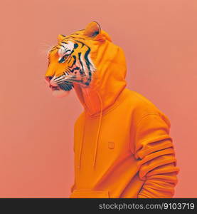 Fashion tiger in hoodie. Orange monochrome portrait. Pop art modern style and lifestyle concept. Contemporary art, creative idea. Generative AI. Fashion tiger in hoodie. Orange color monochrome portrait. Generative AI