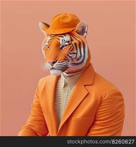 Fashion tiger in jacket and cap. Orange monochrome portrait. Pop art modern style and lifestyle concept. Contemporary art, creative idea. Generative AI. Fashion tiger in jacket. Orange color monochrome portrait. Generative AI