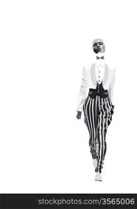 fashion woman in striped pantaloons on white background