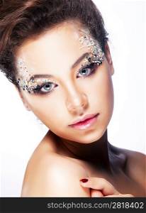 Fashion woman model with beauty bright make-up. Beautiful female face with clean skin