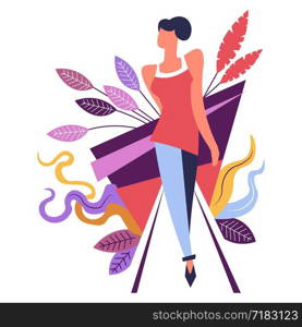 Fashion woman modeling , walking straight, foliage decor elements vector. Pretty girl model wearing stylish clothes, female in jacket and trousers. Glamour person on heels, decoration leaves. Fashion woman modeling , walking straight, foliage decor elements