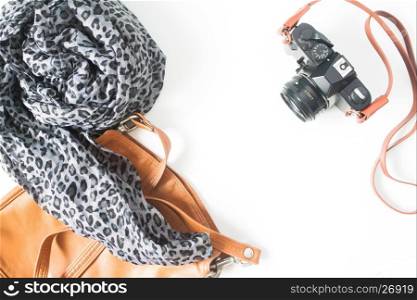 Fashion woman's accessories with film camera, vintage concept, top view, flat lay isolated on white background