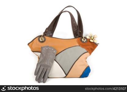 fashion women bag with gloves isolated on white background