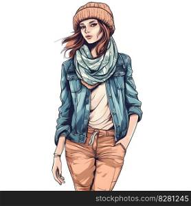 Fashion young woman in stylish clothes. Hand drawn watercolor illustration