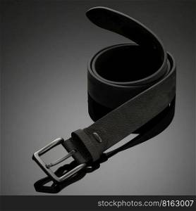 fashionable black leather men’s belt on black background. belt on black background