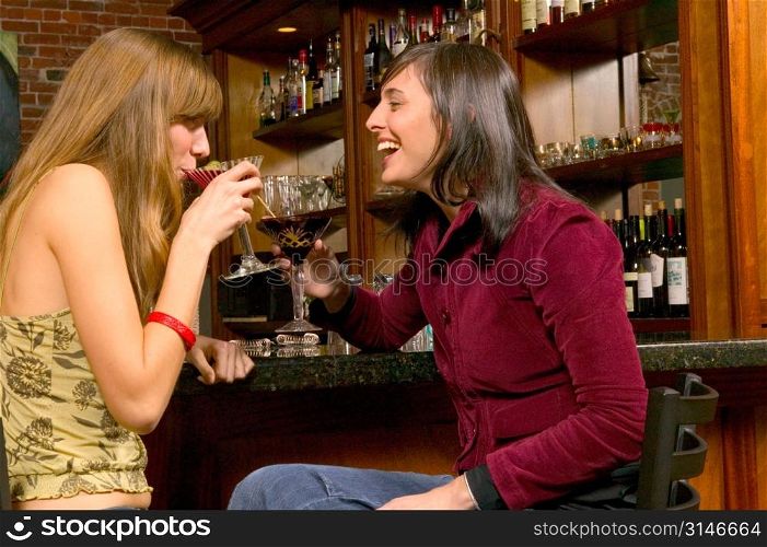 Fashionable Caucasian Girlfriends Sitting At A Bar And Laughing