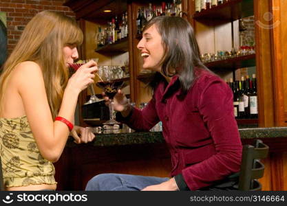 Fashionable Caucasian Girlfriends Sitting At A Bar And Laughing