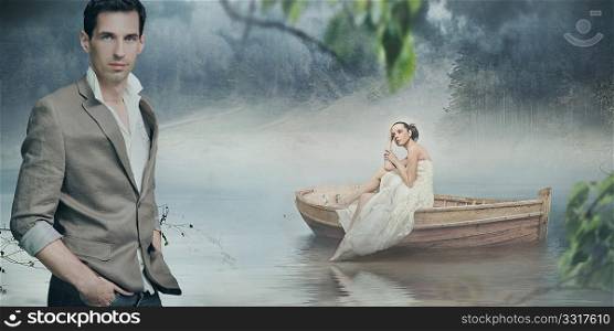 Fashionable couple posing over beautiful romantic landscape