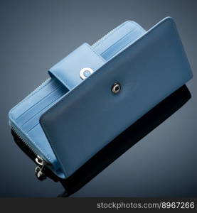 Fashionable designer leather women&rsquo;s wallet on a blue background. wallet on a blue background