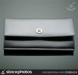 Fashionable designer wallet on a green background. wallet on a green background