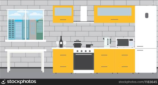 Fashionable kitchen interior on a brick wall background,window and table,flat vector illustration. Fashionable kitchen interior on a brick wall background,window a