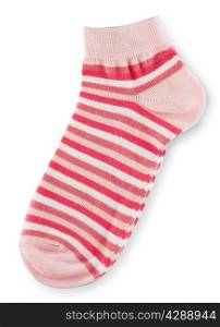 Fashionable pair of pink striped socks on white background