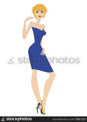 Fashionable slim women in short blue dress isolated on white background, hand drawing illustration