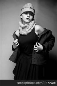 Fashionable Woman Dresser in Retro Coat - Black and White
