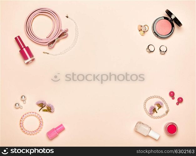Fashionable Women&rsquo;s Cosmetics and Accessories. Falt Lay. Nail Polish and blush. Jewelry and Rings. Women Accessories