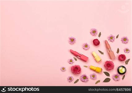 Fashionable Women&rsquo;s Cosmetics and Accessories. Falt Lay. Nail Polish and Lipstick. Beautiful Roses Flower. Make Up Cosmetic items Top View