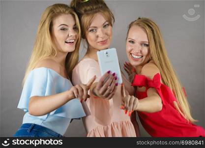 Fashionable women taking selfie self picture using smartphone having fun enjoying friends time.. Fashionable women taking selfie