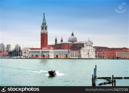 Fast boat in front of San Giorgio Maggiore Island, Venice, italy