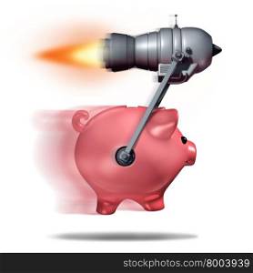 Fast cash concept and business success symbol as a piggy bank being accelerated by a rocket engine as a metaphor for quick express money or rapid financial service.