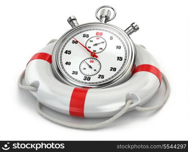 Fast first help. Stopwatch in lifebuoy on white isolated background. 3d