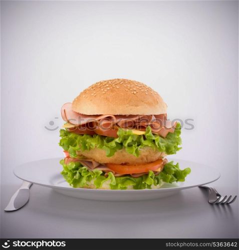 Fast food big sandwich with lettuce, tomato, smoked ham and cheese on plate