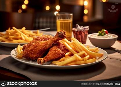 Fast Food Crispy Fried Chicken with French Fries and Drink Served in Restaurant for Breakfast