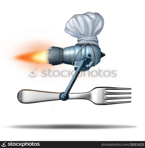 Fast food delivery and quick catering service concept as a jet engine with a fork wearing a chef hat as a meal delivering metaphor for distribution of restaurant dishes.