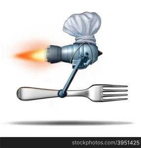 Fast food delivery and quick catering service concept as a jet engine with a fork wearing a chef hat as a meal delivering metaphor for distribution of restaurant dishes.